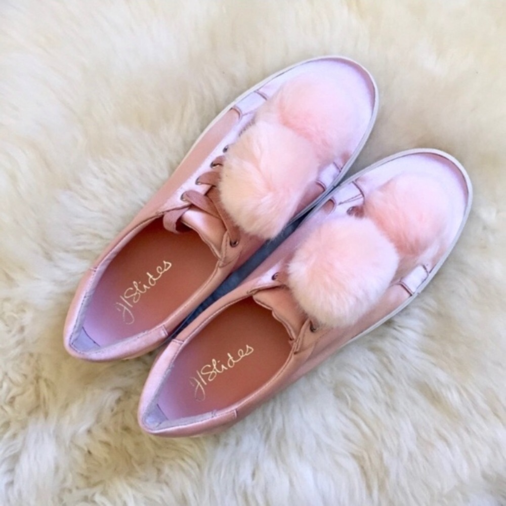 J/Slides Pink Cash Satin Faux Fur Pompom Sneakers - Picture 1 of 6